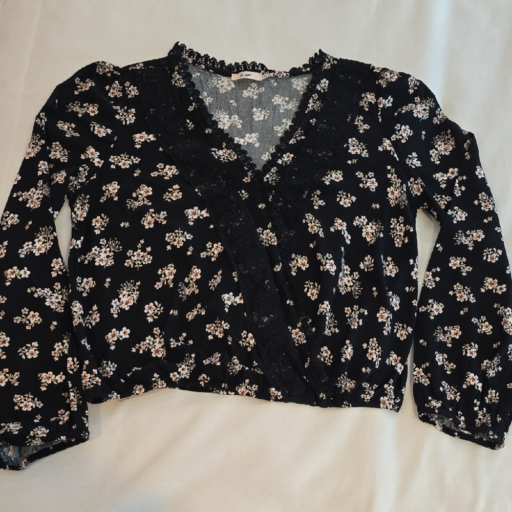 Black Blouse with Cream Floral Design